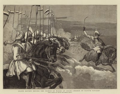 Grande revue devant le prince de Galles à Delhi, charge de la cavalerie indigène - Samuel Edmund Waller
